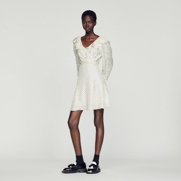 Sandro Pepite Polka Dot Fit & Flare Dress White Black Size 38/ US 6 NWT - Picture 1 of 10
